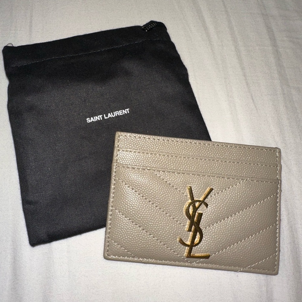 Saint Laurent Taupe Card Holder with Gold Logo